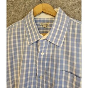 J Peterman Shirt Mens L Blue White‎ Gingham Check Long Sleeve Cotton Logo Elaine